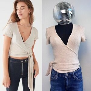 Project Social T Urban Outfitters Bailey Ribbed Wrap Tee Beige, Womens Small